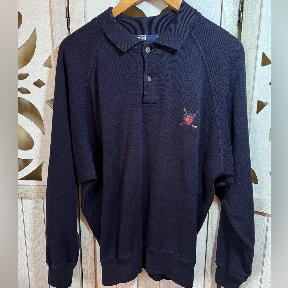 Vintage 90s Ralph Lauren Men's Black Polo Shirt with Golf Logo